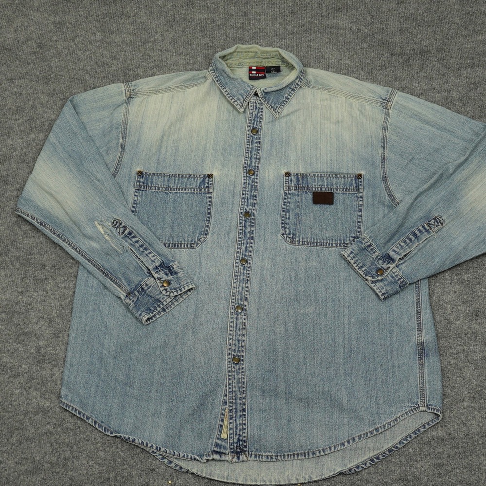 Bugle Boy Shirt Men Large Blue Light Wash Denim Long Sleeve Cotton Casual